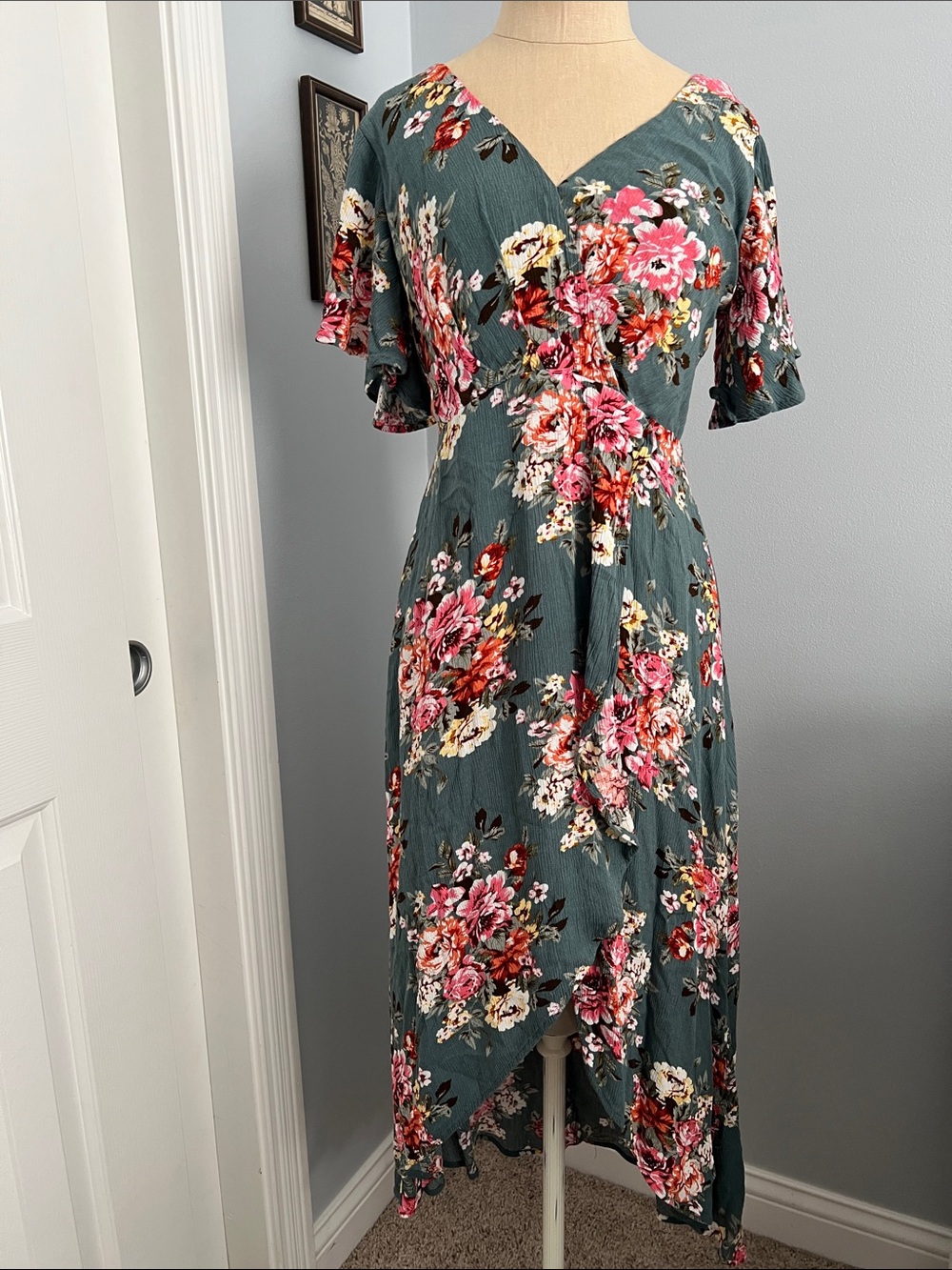 Floral Wrap Midi Dress in Teal with Pink Blooms
